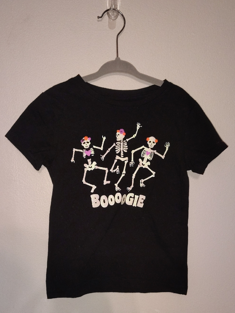 wonder nation Black Halloween Skeleton Dance Tee with Neon Accents